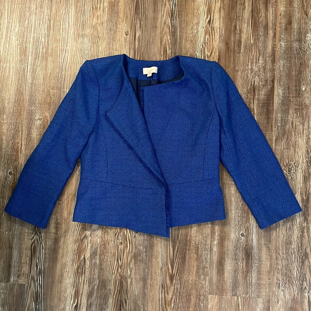 NWT LOFT Petite Tweed Peplum Fringe Trim Open Front Blazer